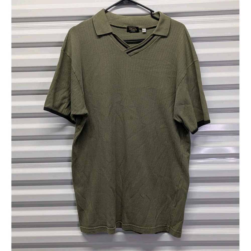 Y2K Olive Grunge Ribbed Knit Collared Tee‎ Goth Streetwear Polo Top Fink Large